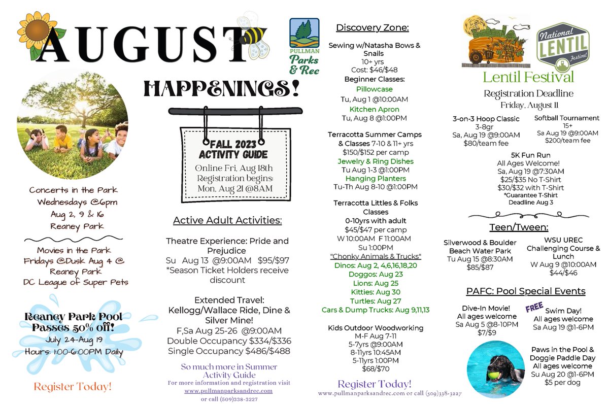 City_of_Pullman's tweet photo. #PullmanParksandRec has activities for all ages &amp; interests this month!

Remember that today, Aug. 3, is the last day to register at https://t.co/kWk63bKbpv for the Tase T Lentil 5K and be guaranteed a T-shirt. The run (or walk) is on Sat, Aug. 19 at 7:30 a.m. during #LentilFest https://t.co/YLqCtq2xTz