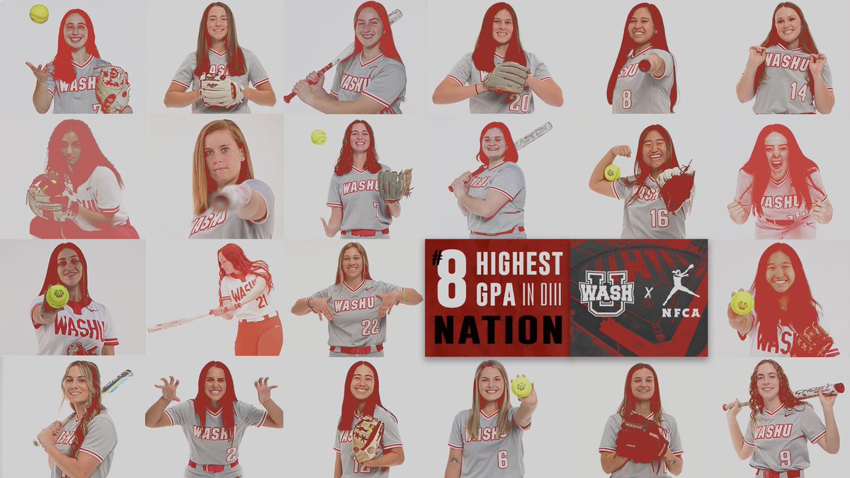 WASHUSoftball's tweet photo. WashU softball posted the eighth-highest team grade point average among Division III schools, announced by the NFCA. 

Additionally, 18 Scholar-Champions were named to the Easton/NFCA All-America Scholar Athletes team for the 2022-23 academic year. https://t.co/g7RBzkkf3e