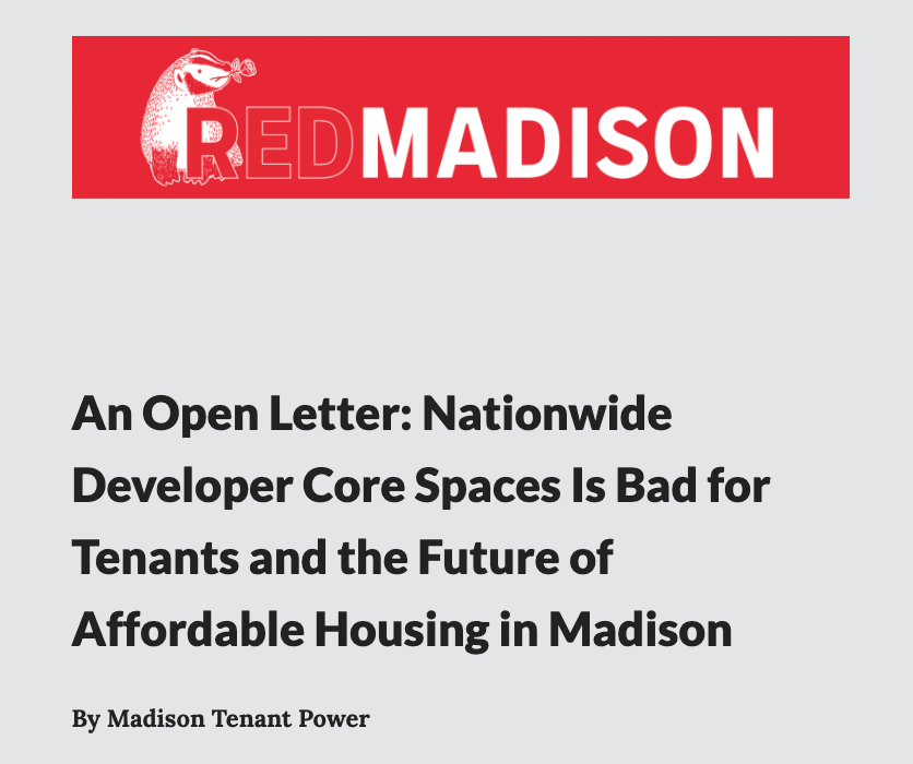 MadTenantPower's tweet photo. This year, corporate developer Core Spaces mass evicted hundreds of tenants in Santa Barbara. They are coming for Madison residents next. In solidarity w/ @corespacesta + tenants here, we condemn Core Spaces’ actions against tenants + against future affordable housing in Madison. https://t.co/WDAOw5q5bf