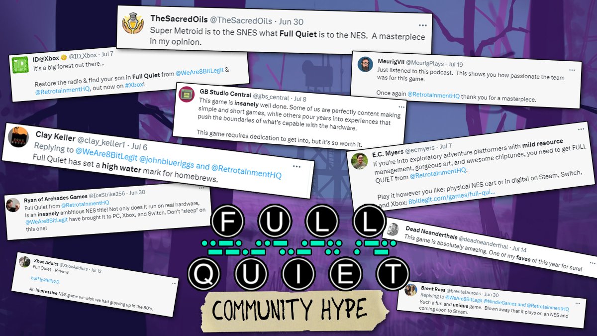 RetrotainmentHQ's tweet photo. Community Hype is the Best Hype! 

We cannot thank everyone enough for helping put our new game Full Quiet on the #indiegame map!

Full Quiet is available now on Switch, Xbox, Steam &amp; NES! Playstation soon! #8BitLegit #indiedev #indieNES #metroidvani-ish #SilenceTheForest #Thanks https://t.co/s6b4q2vEML