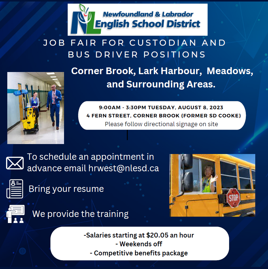 The NLESD is having a job fair in Corner Brook on Aug 8 for bus drivers and school custodians. Get a head start before the fair: Create a profile, upload your resume. and arrange a general interview ahead of time. bit.ly/47grvfo