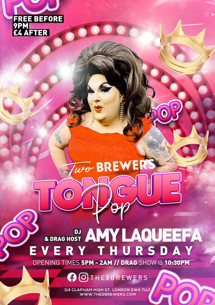 Two Brewers Clapham (@2brewersclapham) on Twitter photo Cabaret with our amazing <a href="/MissPennyDQ/">Miss Penny</a> on stage at 10:30pm tonight! 👠✨
Drag DJ and Host <a href="/AmyLaQueefa/">Amy LaQueefa</a> on camp pop and hot dance tunes until 2am! 🪩💃
Free entry before 9pm, £4 after We are open 5pm-2am Cabaret with our amazing <a href="/MissPennyDQ/">Miss Penny</a> on stage at 10:30pm tonight! 👠✨
Drag DJ and Host <a href="/AmyLaQueefa/">Amy LaQueefa</a> on camp pop and hot dance tunes until 2am! 🪩💃
Free entry before 9pm, £4 after We are open 5pm-2am