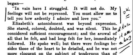 johnetic's tweet photo. Reading "Pride and Prejudice" on the train on the way to the office. Google Books version, which means it's a photographed copy of some random person's book. This margin note make me guffaw on the train.

OK - I knew it all along. 
#prideandprejudice #janeausten https://t.co/JiehCkt323