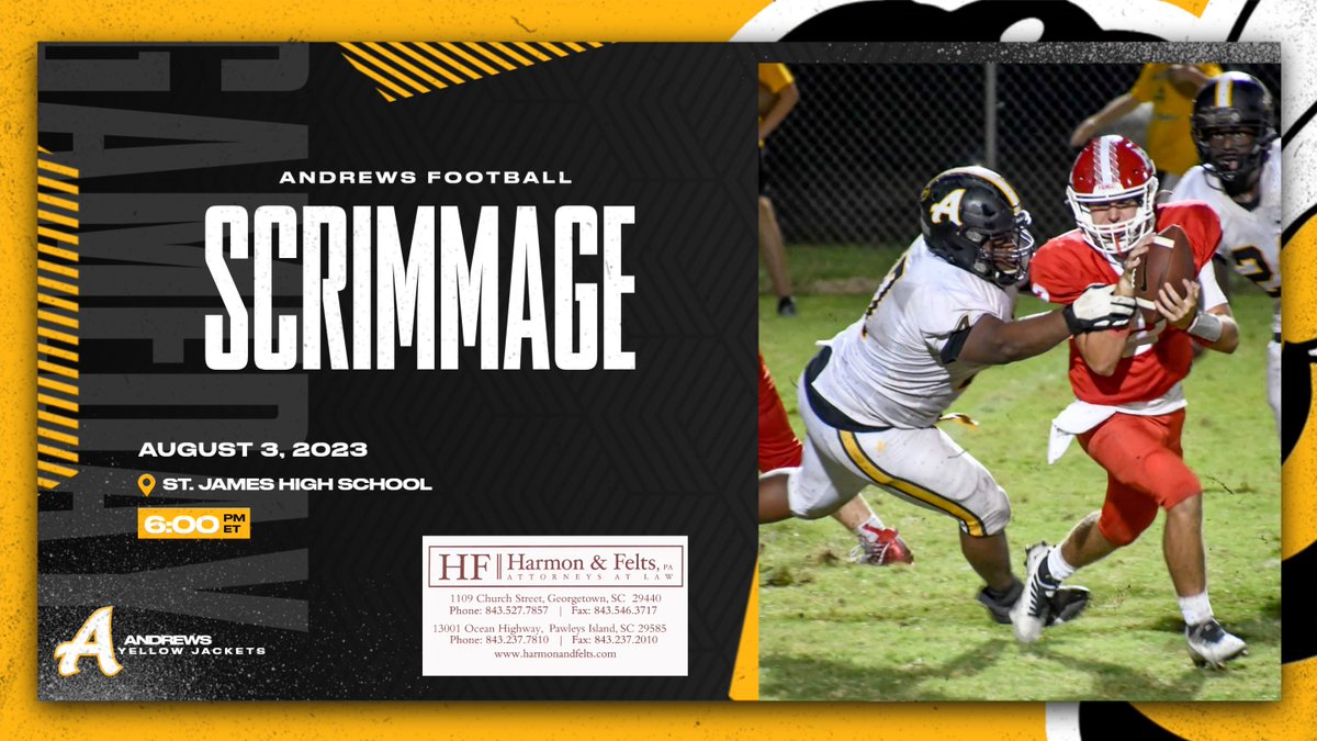 AHSJacketFB's tweet photo. Today is scrimmage day.  We travel to St. James High School at 6:00 to take on St. James and Johnsonville.  We would like to thank @HarmonFeltsPA for being our gameday graphics sponsor this year. https://t.co/dMaG8ZicPE