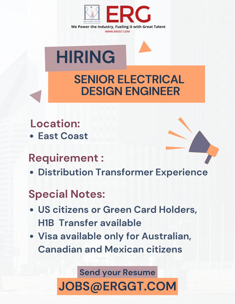 GlobalErg's tweet photo. #HiringNow Senior Electrical Design Engineer - Distribution Transformer
Send your resume to jobs@erggt.com
#hiringimmediately #electricalengineering #distributiontransformer #seniorelectricalengineer #electricalengineer #jobsusa #usajobs #jobsinusa https://t.co/VJ0XtVzWya