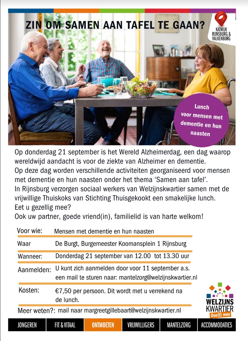 Stichting Thuisgekookt (@thuisgekookt) on Twitter photo Schuif jij aan tafel in Rijnsburg? Op Wereld Alzheimerdag verzorgen sociaal werkers van <a href="/Welzijnskwart/">Welzijnskwartier</a> samen met de vrijwillige thuiskoks van Stichting #Thuisgekookt een lunch voor mensen met dementie en hun naasten. Check de flyer en meld je aan๐๐ฝ#wereldalzheimerdag #rijnsburg Schuif jij aan tafel in Rijnsburg? Op Wereld Alzheimerdag verzorgen sociaal werkers van <a href="/Welzijnskwart/">Welzijnskwartier</a> samen met de vrijwillige thuiskoks van Stichting #Thuisgekookt een lunch voor mensen met dementie en hun naasten. Check de flyer en meld je aan๐๐ฝ#wereldalzheimerdag #rijnsburg