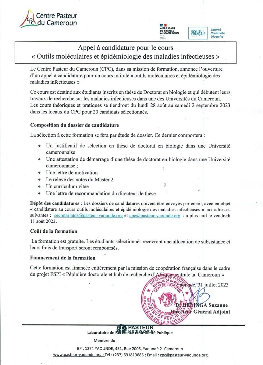 CentrePasteur's tweet photo. Appel à candidatures pour le cours "outils moléculaires et épidémiologie des maladies infectieuses" pour  20 étudiants  🇨🇲inscrits en thèse dans une université du pays.
🛑  Délai : 11 août 2023

#training #santepublique #recherche https://t.co/xi0SHkHIK1