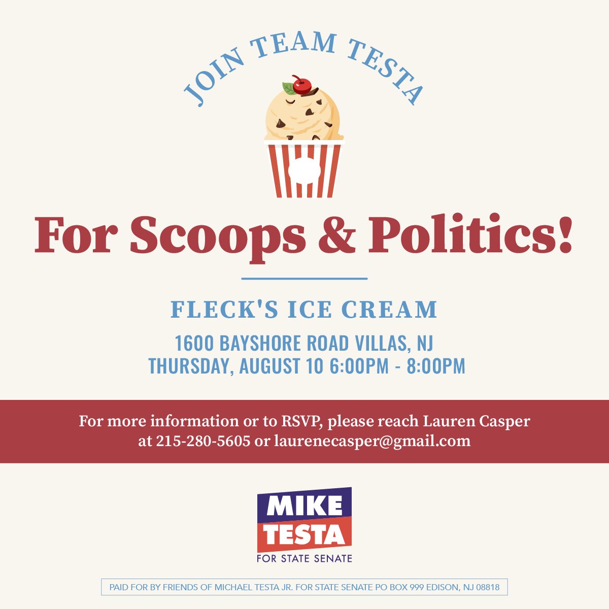 TestaForNJ's tweet image. Have you sent your RSVP? 👀🍨

#TeamTesta is looking forward to seeing you at Fleck’s in the Villas at 6:00 PM ONE WEEK from today

Make sure you let us know you’ll be getting your ice cream on with us! ⬇️

secure.anedot.com/contribute-tes…