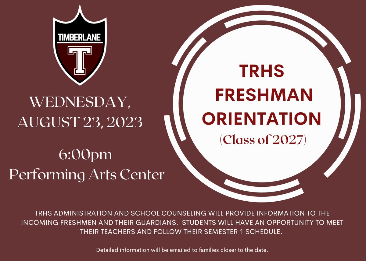 Timberlane Regional High School invites the Class of 2027 to Freshman Orientation on Aug 23rd at 6:00pm. We look forward to welcoming you to the Owls Nest. <a href="/TimberlaneHS/">Timberlane High</a> <a href="/TRHS_Counseling/">TRHS Office of School Counseling</a>