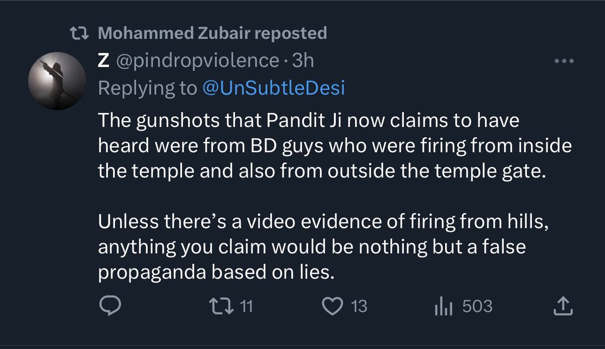 UnSubtleDesi's tweet photo. Mohammad Zubair, the ISIS toilet cleaner has RTed this - a tweet saying that unless the Hindu victims were taking a video of them being shot at, it’s a lie. Ok. Why doesn’t he produce of a video of the Imam being shot then. Didn’t happen if there’s no video. https://t.co/me676MkWMm