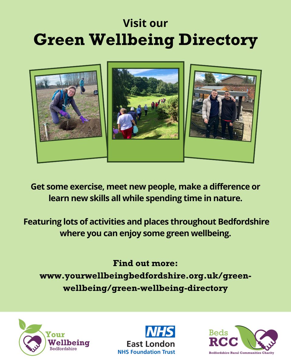 Looking to get out in nature this summer? Visit our Green Wellbeing Directory: bit.ly/3fVsEU5 to get some exercise, meet new people and make a difference!

@letstalkcentral @BedfordTweets @greensandsocial @BedfordExplore 
#greenwellbeing #wellbeingdirectory #Bedfordshire