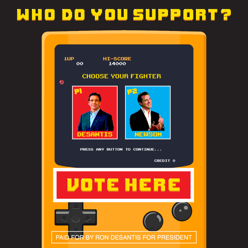 TeamDeSantis's tweet photo. Is it finally going down? That's up to Gavin.

Vote today on who you're supporting in this dream debate matchup!