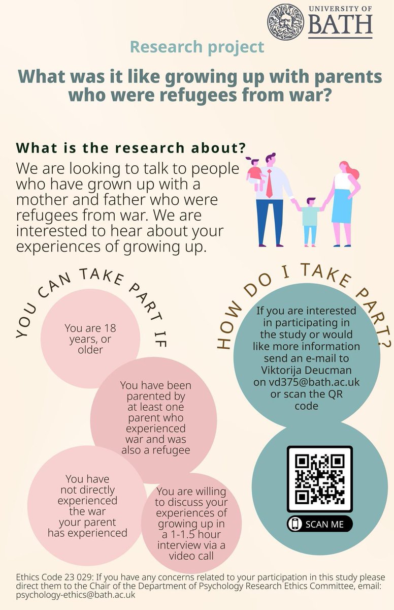 Trauma_Project's tweet image. 📢Call for participants📢
Are you an adult child of a refugee that has experienced war (for example, the Partition of India, Vietnam War, Falklands Conflict, Bosnian War...)? We would like to speak to you about your experience of growing up.
#trauma #refugees #research