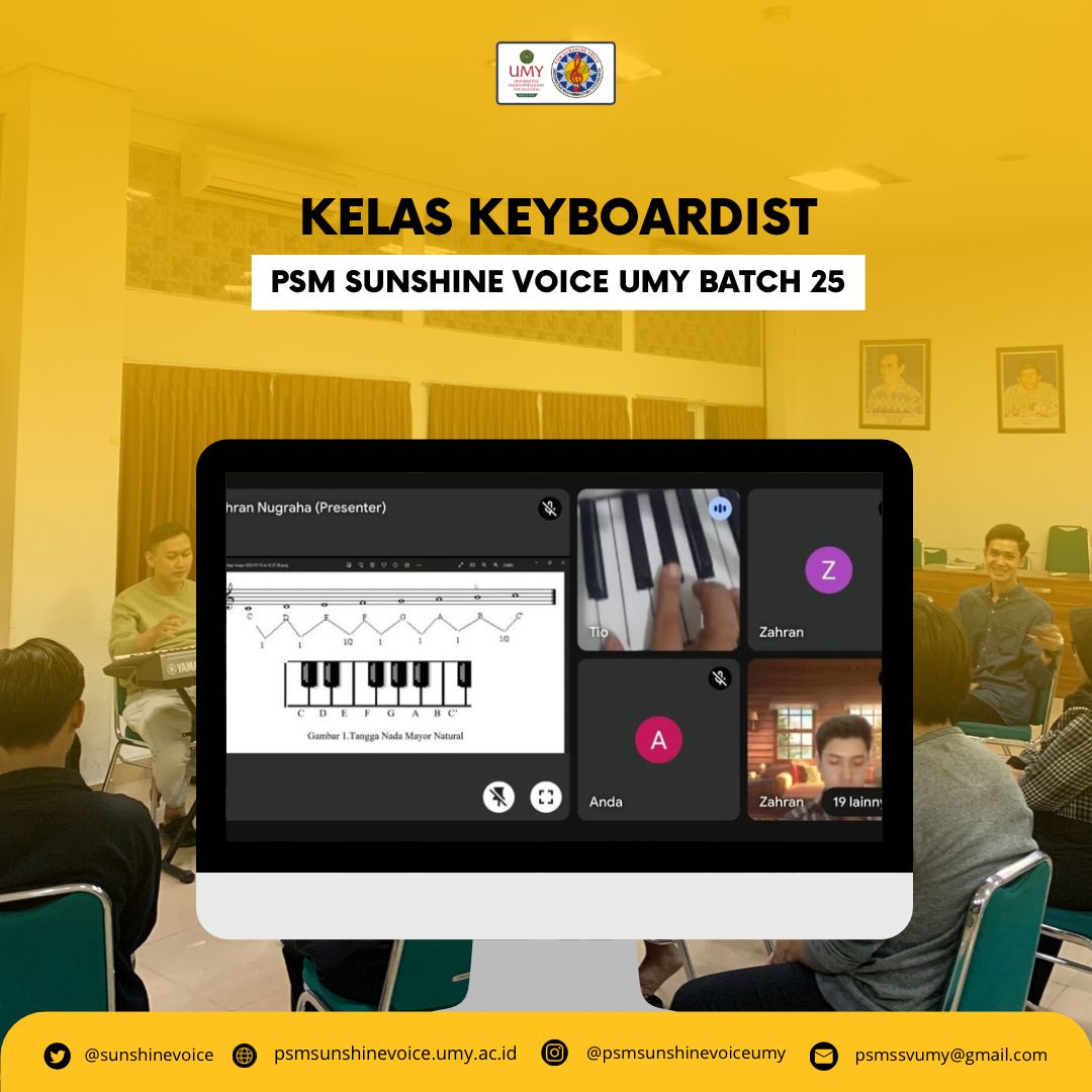 [[INFO SUNSHINE]]

Kamis (27/7) PSM SSV UMY melaksanakan kegiatan Keyboardist Class🎹🎼
Kegiatan ini merupakan salah satu program kerja Divisi Kepelatihan yang bertujuan untuk meningkatkan skills anggota PSM SSV UMY dalam bidang operasional musik.