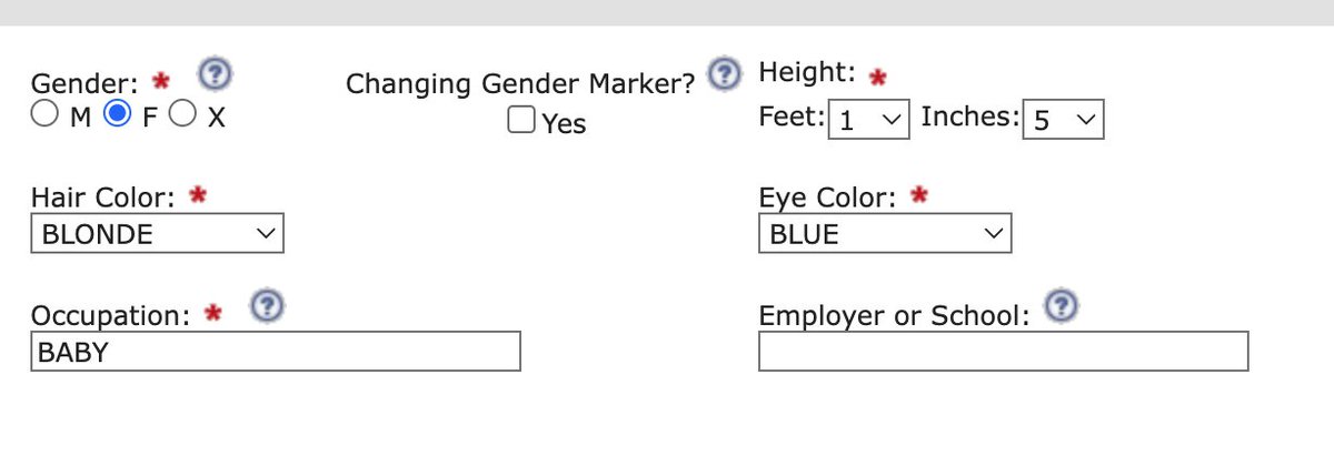 Some real room for creativity in the "occupation" section of a baby's passport application. 

We are debating baby v. crawling.  

Also 1 foot 5 inches is killing me.