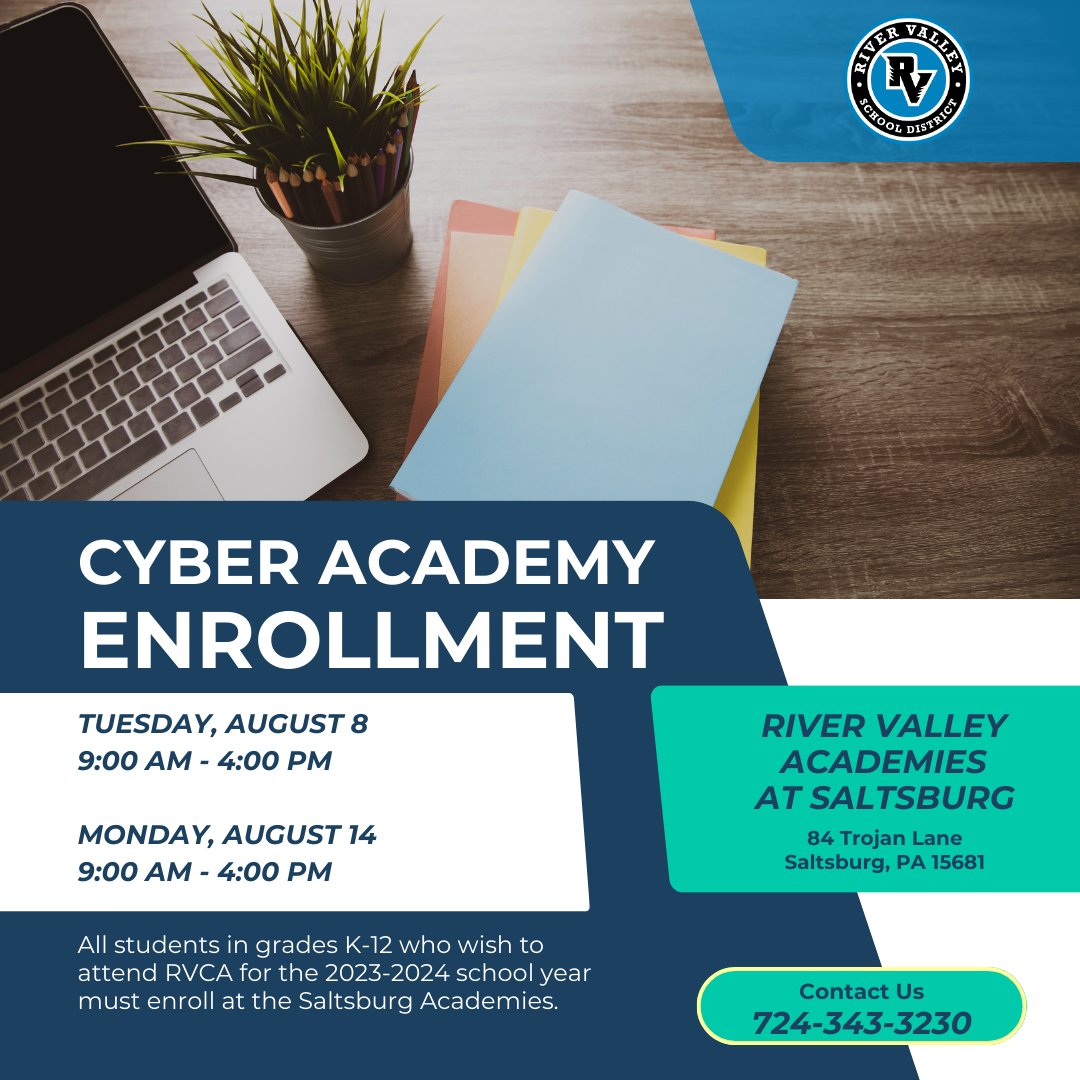 RV Cyber Academy Enrollment 9:00 am - 4:00 pm on 8/8 & 8/14 at the Saltsburg campus All current and new cyber students must attend to get a Chromebook, complete paperwork, and review the RVCA Handbook. Pre-registration is welcomed but not required. ow.ly/sCI950PrN40