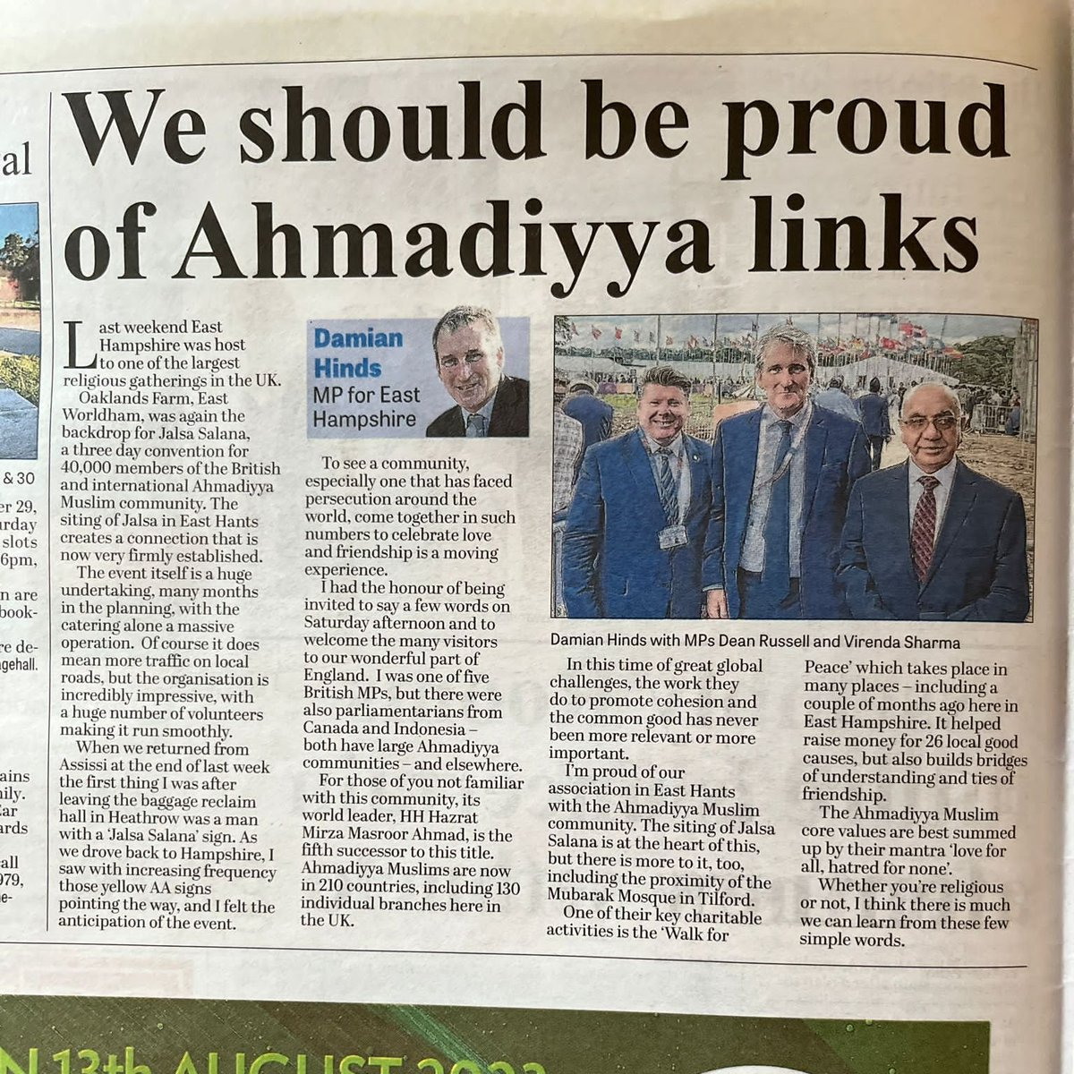 JalsaUK's tweet photo. 'I had the honour of being invited to say a few words on Saturday afternoon and to welcome the many visitors to our wonderful part of England. I was one of five British MPs, but there were also parliamentarians from Canada and Indonesia- both have large Ahamdiyya Communities – and elsewhere.'

R. Hon. Damian Hinds @damianhinds, Minister of state at Ministry of Justice and member of Parliament for East Hampshire shares his impressions of #JalsaUK in a newspaper article.