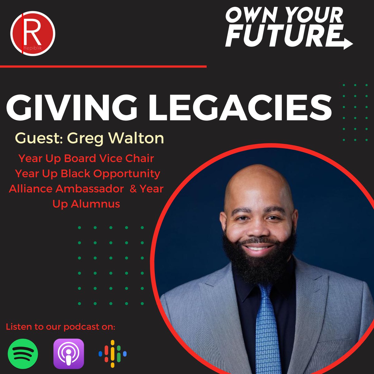 David_Lakay's tweet photo. Our first episode of "Giving Legacies: Inspiring Stories of Black Philanthropists" is out! Listen here: https://t.co/QEVvepLH29

In this episode, I had the honor of sitting down with Greg Walton , Vice-Chair of the Year Up board and Black Opportunity Alliance Ambassador. 

His profound insights into the power of giving back and lifting as you climb inspired me, and I believe you will too. Greg's journey as a Year Up Alumni, Board member, and the Black Opportunity Alliance Ambassador provides a unique perspective on the Black Opportunity Alliance and their mission to catalyze the collective impact of Black philanthropists to cultivate future leaders. 

Learn more about the work of the Black Opportunity Alliance here: https://t.co/NjiTxUjFQz