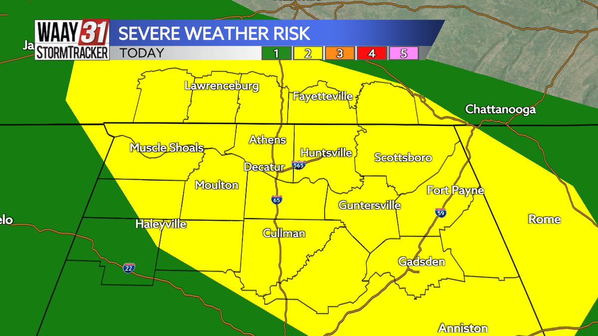 TKanost's tweet photo. Level 2 risk for severe weather today for most of the Tennessee Valley!
When: 10 am - 2 pm
Main threats: Damaging wind gusts, heavy rain and frequent lightning. A brief tornado and small hail can't be ruled out either. https://t.co/j9USjPckco