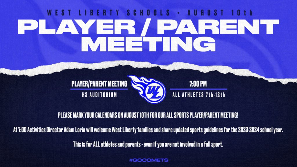 WestLibertyCSD's tweet photo. SEE YOU NEXT THURSDAY! This important informational meeting is for ALL 7th-12th grade athletes and their parents. https://t.co/lOxUSj58Uk