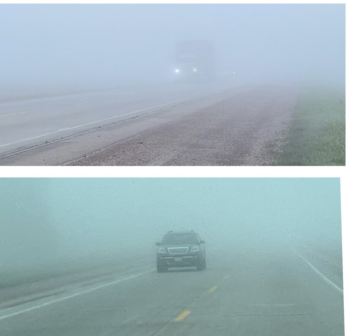 siouxcosheriff's tweet photo. *Dense fog PSA*

To the drivers like the one in the top picture, thank you! To the drivers like the one in the bottom picture; please, manually turn on those headlights. ￼
#headlights #fog #foglights https://t.co/fU9jVQhnXM