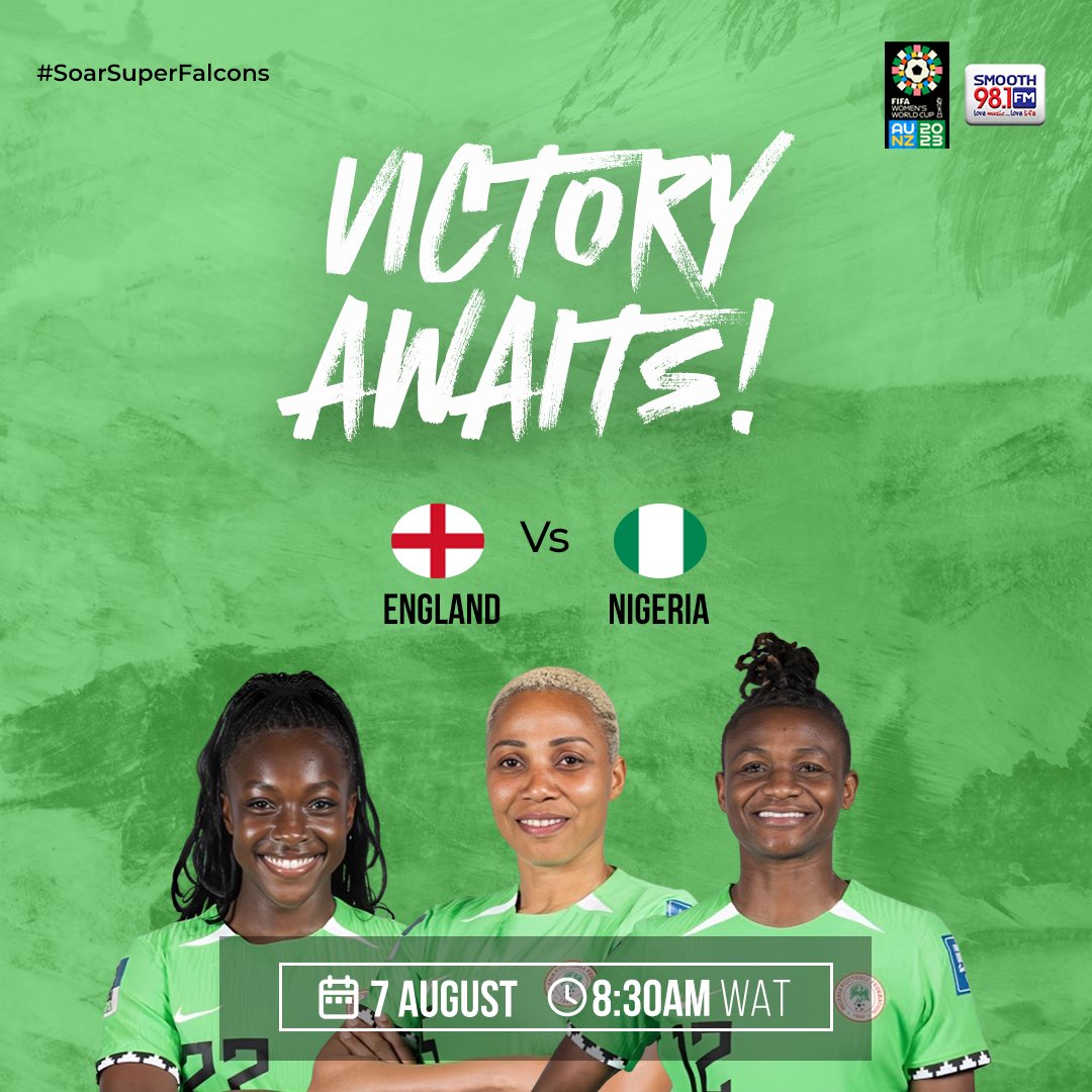 Smooth981FM's tweet photo. Here is to the Super Falcons as they take on the Lionesses on Monday!
Victory awaits! ๐ณ๐ฌ
โค๏ธ๐๐ค
#Smooth981 #FIFAWWC #Football #SoarSuperFalcons #ENGvsNIG https://t.co/OP21L2ZufC