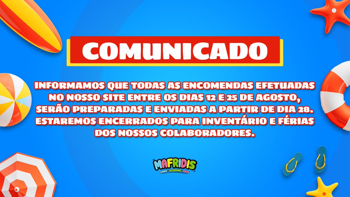Mafridis_'s tweet photo. COMUNICADO

Informamos que todas as encomendas efetuadas no nosso site entre os dias 12 e 25 de Agosto, serão preparadas e enviadas a partir de dia 28.

Estaremos encerrados para inventário e férias dos nossos colaboradores.

Agradecemos a vossa compreensão!

Mafridis https://t.co/YM6axqHJ5P