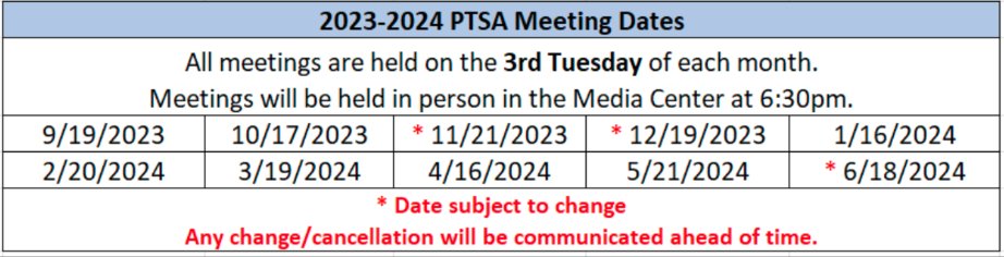 Please join us for this year's Parent Teacher Student Association (PTSA) meetings.