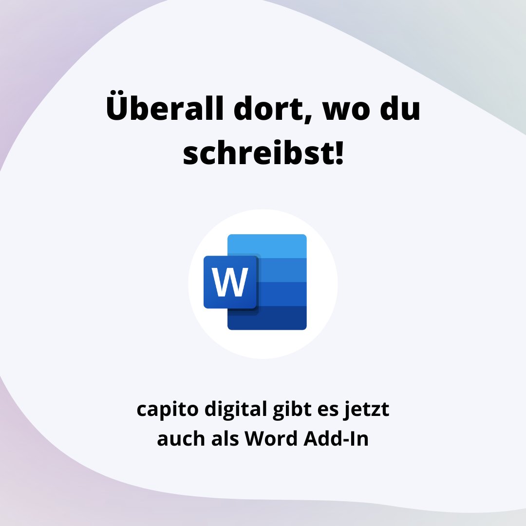 capito digital ist überall, wo du schreibst! Zusätzlich zu den Browser Add-ons und unserer Web-App gibt es uns jetzt als Word Add-In. ✍

So kannst du unsere Vorteile wie die automatische Textvereinfachung in 3 Sprachstufen und die Textanalyse noch besser und öfter nutzen. 🤝