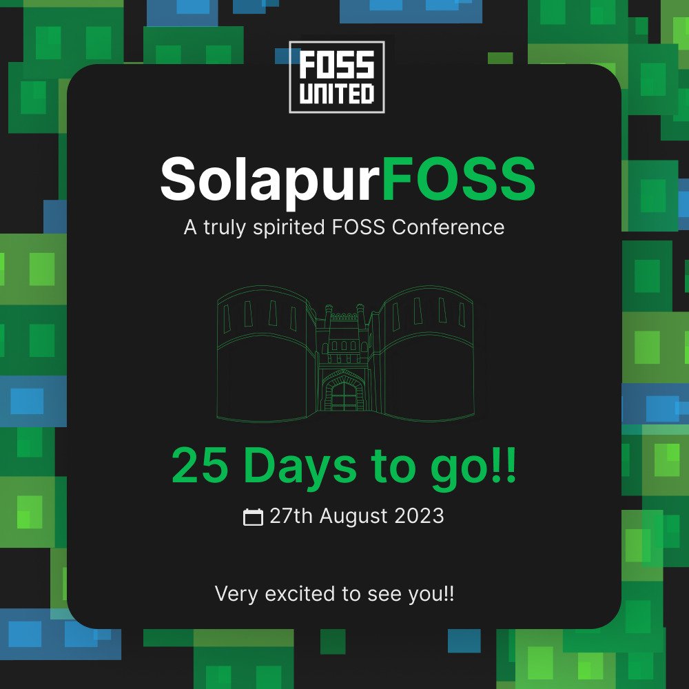 solapurfoss's tweet photo. 25 days to go....🚀

Excited to see you folks on 27th of August

Go and get your seats booked now 👇

https://t.co/J7nRRg4JVZ

#opensource #fossunited #solapurfoss https://t.co/DpXOY3AXjZ