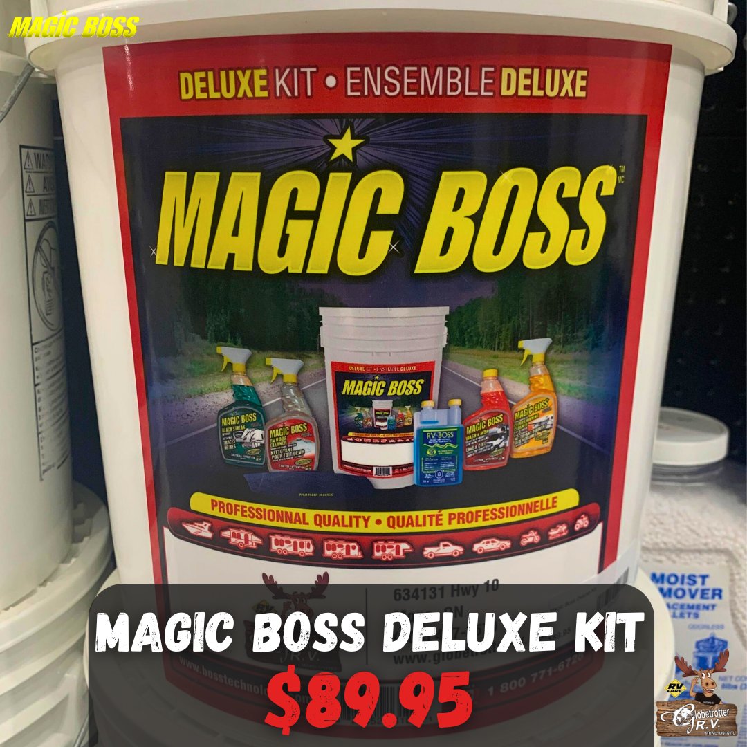 Struggling to find premium RV cleaning products?🫧🧼We got you covered with the Magic Boss Deluxe Kit - full of our favourite products for just $89.95! 
Products included:
✨ Wash &amp; Wax
✨ Black Streak Remover
✨ RV Roof Cleaner
✨ Holding Tank Treatment
✨ Citrus Awning Cleaner