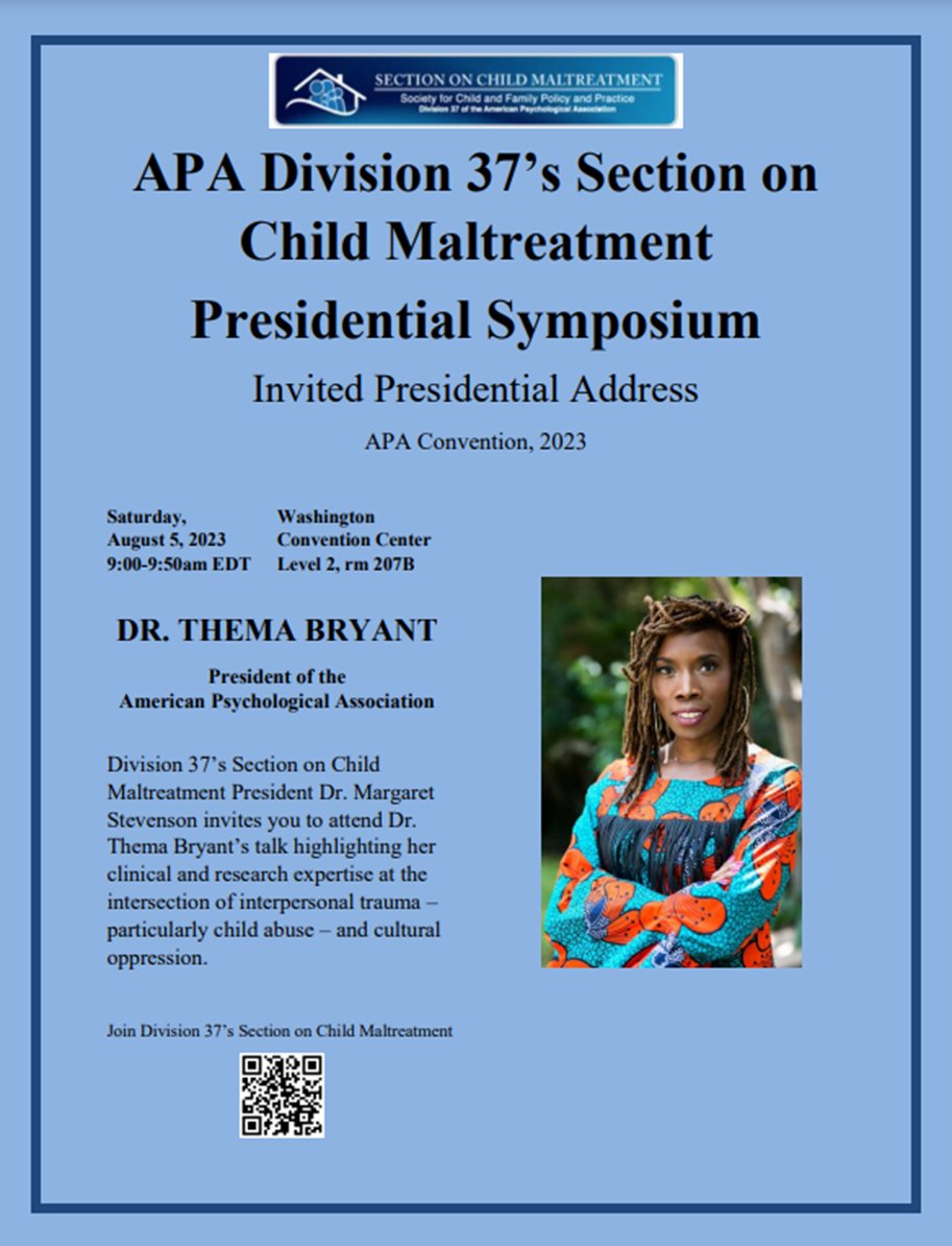 You're invited! Please join <a href="/DrMStevenson/">Dr. Maggie Stevenson</a> at our Presidential Symposium featuring Dr. Thema Bryant this Saturday 8/5 at 9am! 

#APA2023 <a href="/Division37ofAPA/">Division 37 of APA</a> <a href="/Div37ChMaltxSAB/">Section on Child Maltx Student Board / APA Div 37</a> <a href="/APA/">American Psychological Association</a>