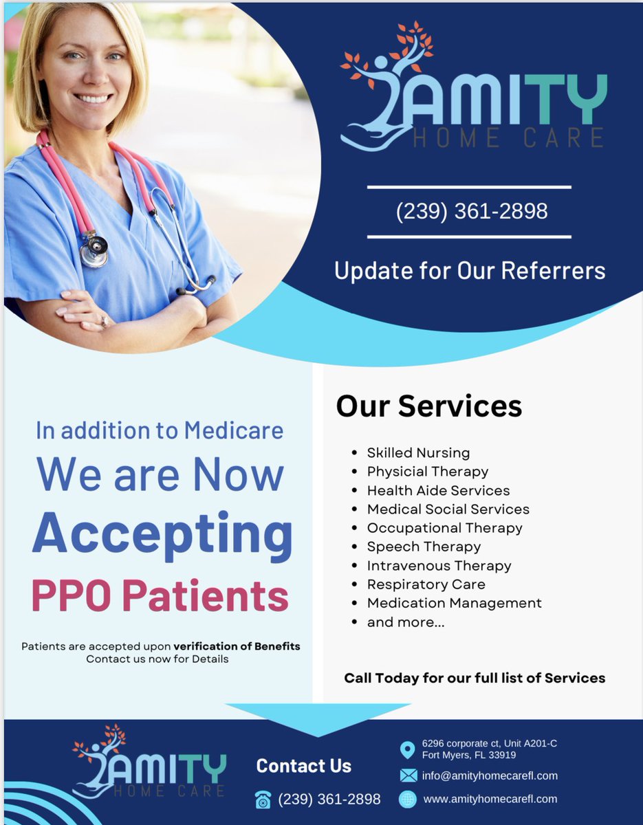 GREAT NEWS!! Amity Home Care Now Accepts PPO Patients too!! Call Us Now @ 239-361-2898

#seniorcareservices #homehealthcare #homehealthagency #skillednursingfacility #LeeHealth #physicaltherapyathome #personalizedcare #physicaltherapyworks #homehealthcareproviders #floridaliving