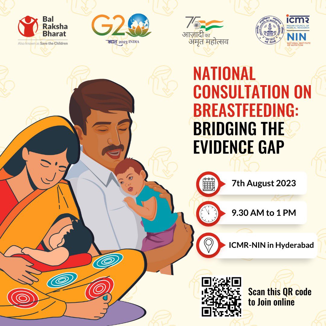 #WBW2023: Bal Raksha Bharat is co-hosting a National Consultation on 'Breastfeeding: Bridging the Evidence Gap'. Scan QR below to join online for some valuable insights on how women can be supported to ensure early &amp; exclusive breastfeeding. Stay tuned for more updates. <a href="/ICMRNIN/">ICMR - National Institute of Nutrition</a>
