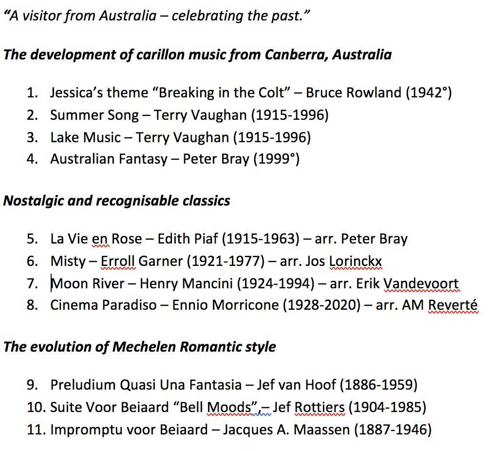 Weer of geen #weer, zo meteen om 19u opent #beiaardier Peter Bray de Augustus Beiaardmaand @Breda op de #beiaard van onze #grotetoren. Kom luisteren naar oa #EdithPiaf en nostalgische klanken in het gezellige centum! Hier het programma: