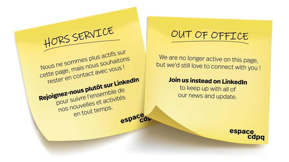 Nous ne sommes plus actifs sur cette page, mais nous souhaitons rester en contact avec vous! 👋
Rejoignez-nous plutôt sur LinkedIn: bit.ly/3qKJLKD
N'oubliez pas de visiter également notre site web pour rester informés: espacecdpq.com/fr