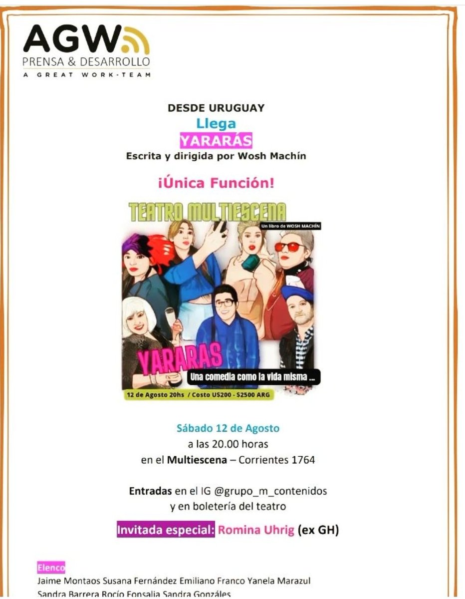 Leonelalopez92_'s tweet photo. 🚨ATENCIÓN🚨 
INFORMACION importante difundir y compartir @RomiUhrig
Se va estar presentando este 12 de Agosto 20 hs en el teatro #Multiescena 
va participar de la obra #YARARAS 
En la foto esta toda la Info 👇 💜 https://t.co/gYppr6OoWl