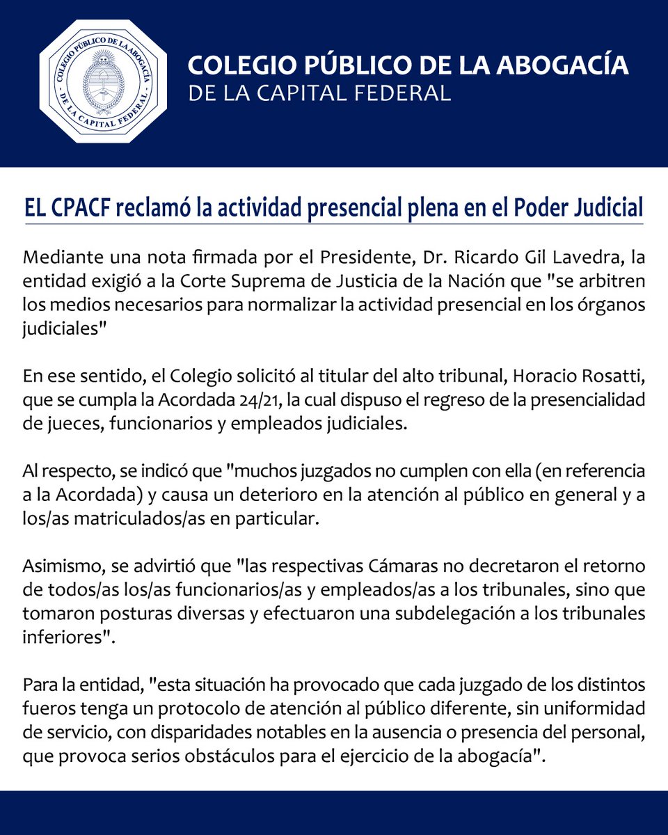 🟦 EL <a href="/CPACF/">C.P.A.C.F</a>  reclamó la actividad presencial plena en el Poder Judicial