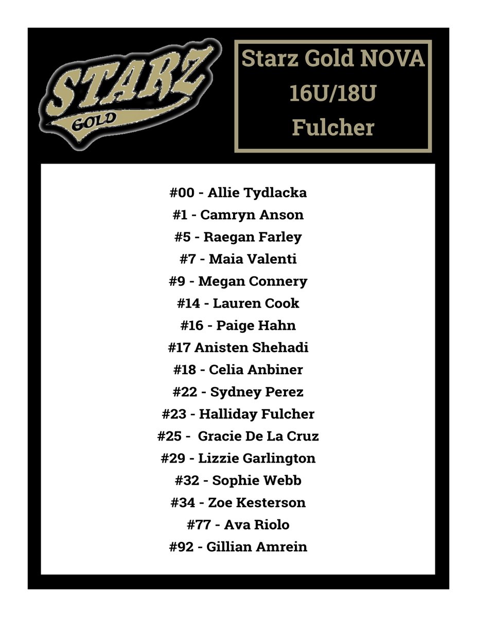 REALLY proud to introduce our 2023-2024 roster.  Can't wait to get on the field with this group!  <a href="/StarzGold/">StarzGold</a> @StarzGold_Nat <a href="/18uStarz/">Starz 18u Gold</a> <a href="/thealliancefp/">The Alliance Fastpitch</a> <a href="/ExtraInningSB/">EXTRA INNING SOFTBALL</a> <a href="/D1Softball/">D1Softball</a>