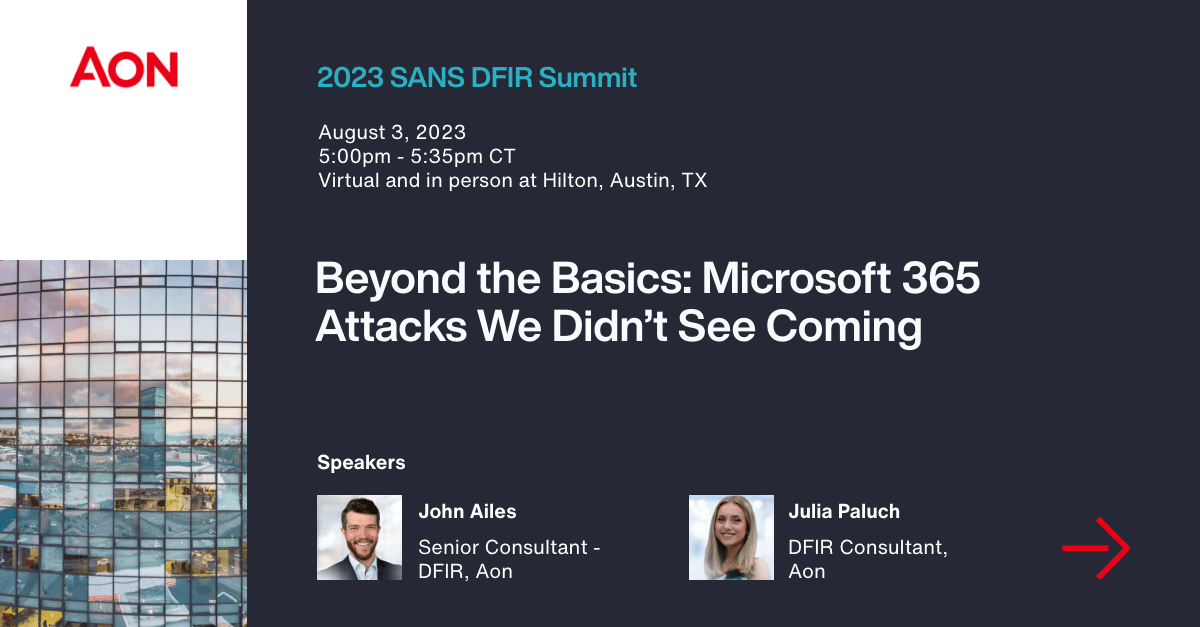 Want to gain insights into unique #M365 attack techniques seen in the wild? Be sure to catch John Ailes and Julia Paluch live at the @SansInstitute #DFIRSummit at 6 PM ET.

#StrozFriedberg #DFIR

Be sure to register and attend here: sans.org/u/1pkc
