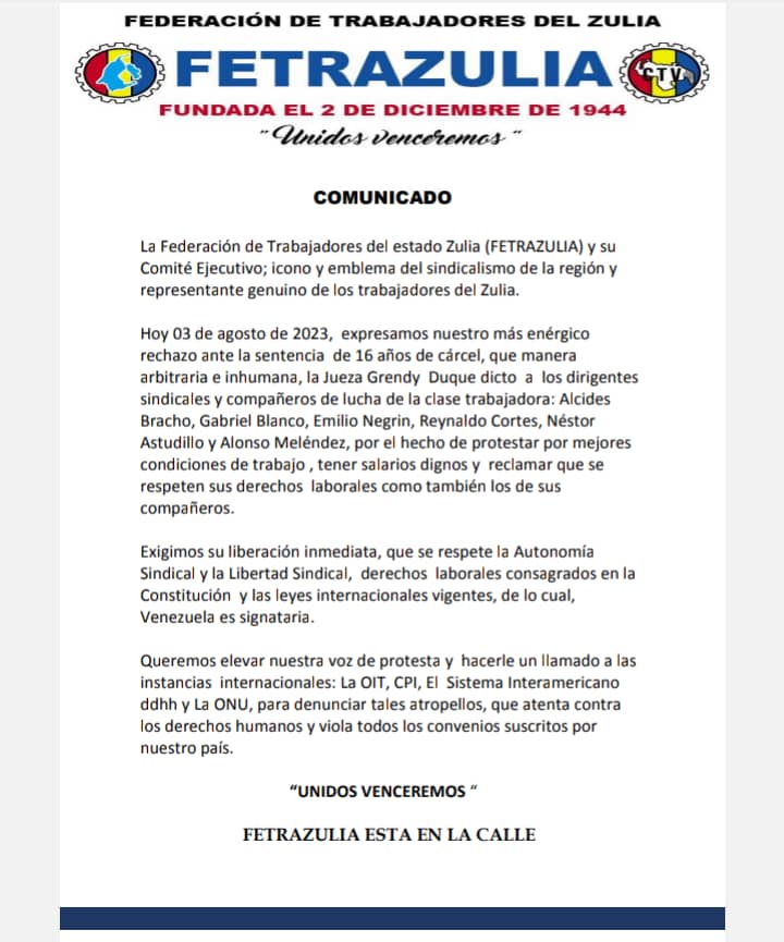 COMUNICADO | #Fetrazulia rechaza la infame sentencia contra los trabajadores.
#SonInocentes
#LiberenALosTrabajadores