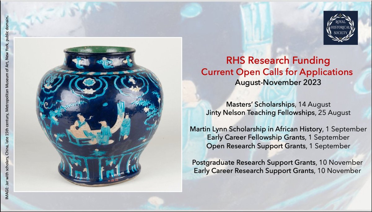 .<a href="/RoyalHistSoc/">Royal Historical Society</a> currently invites applications for 7 research funding programmes -- for #History students and historians at different career stages, from Masters' onward.

Closing dates between 14 August and 10 November 2023 bit.ly/3rNohzZ  

#twitterstorians