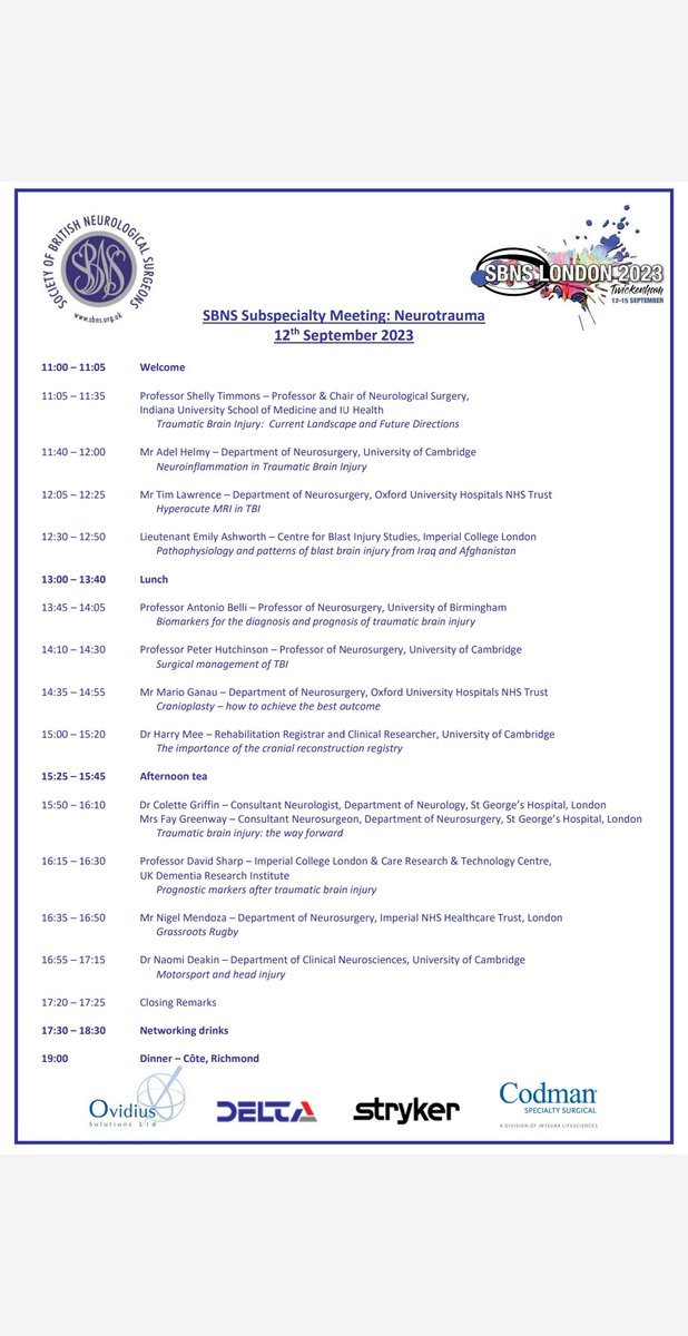 You are cordially invited to our @SBNS neurotrauma day 12th September. Come and learn from world leaders in brain trauma. @e1v1m1 @ukneurosurgeon @eacp @STGNeurosurgery @timjones_neuro #SBNSLONDON2023  Register here: sbns.org.uk/index.php/conf…
