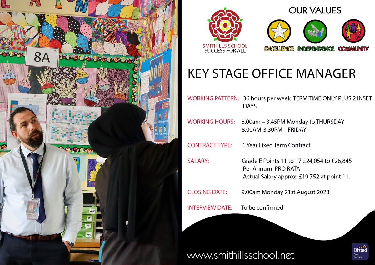 SmithillsSchool's tweet photo. Vacancy - Key Stage Office Manager ✍️

We are advertising the above vacancy.

Further details are available on the school website...
https://t.co/EVXVeBYstM

#educationjobs #vacancy #makeadifference #SmithillsSchool #successforall https://t.co/6gAjP8BeTe