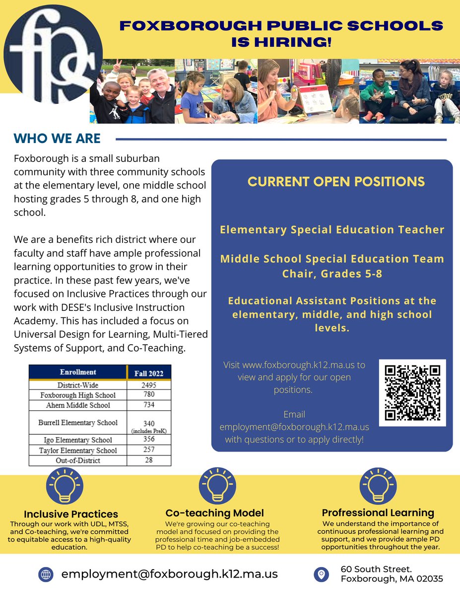 Foxborough Public Schools is hiring! Come join an amazing team and school community!