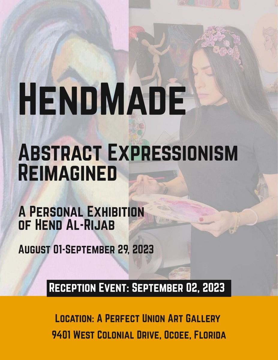 PerfectUnionArt's tweet photo. A Perfect Union Art Gallery presents a solo exhibition by Hend Al-Rijab! Hend is a contemporary Expressionist and Abstract painter who lives in Orlando. A native of Baghdad, her inspiration comes from the rich history of Mesopotamia. Join the reception on Sept.  02, 2023 at 4pm. https://t.co/xXb6IqfU9D