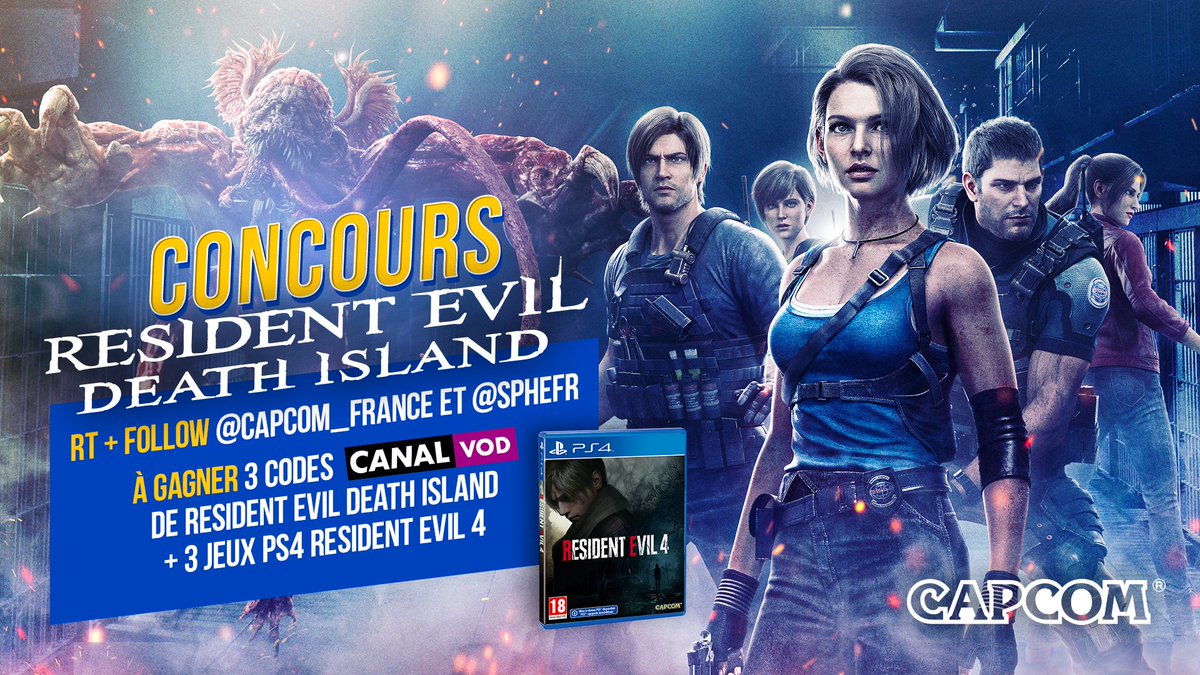 capcom_france's tweet photo. 🔥 CONCOURS RESIDENT EVIL DEATH ISLAND 🔥

Pour la sortie du film #ResidentEvilDeathIsland, tentez de remporter 3 codes Canal VOD et des éditions PS4 de Resident Evil 4 (2023) 🧟

Pour participer :
🔄 RT
✅ Follow @capcom_france et @SPHEFR

TAS 10/08 https://t.co/9u8fg0KwxA