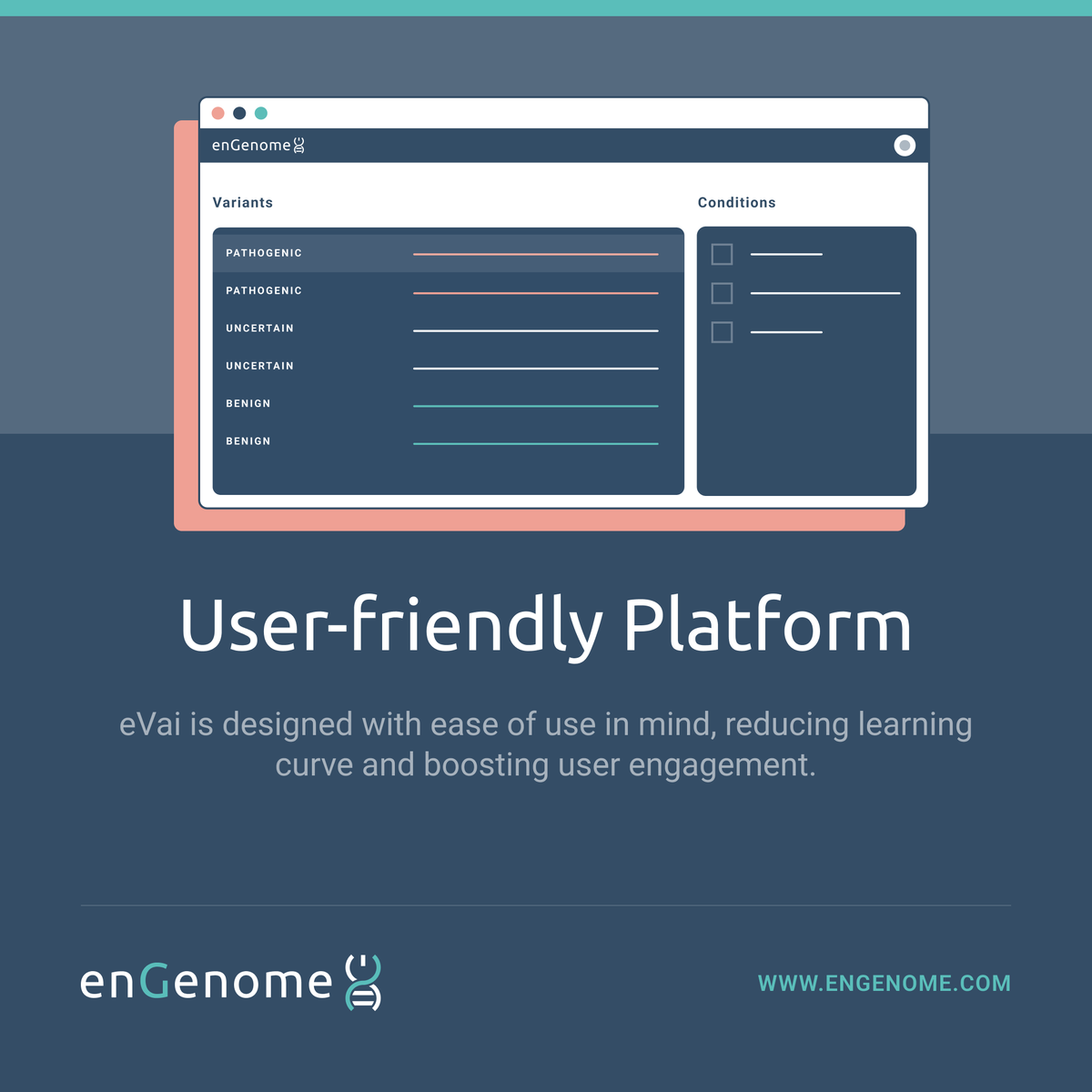 enGenome_srl's tweet image. Carefully thinking about user-experience, eVai provides you with:

🚀 Efficient Workflow
🎓 Reduced Learning Curve
💪 Increased Confidence

Request a demo today: lnkd.in/dVmy6Mrq

#genomics #userfriendlydesign #bioinformatics #genetics