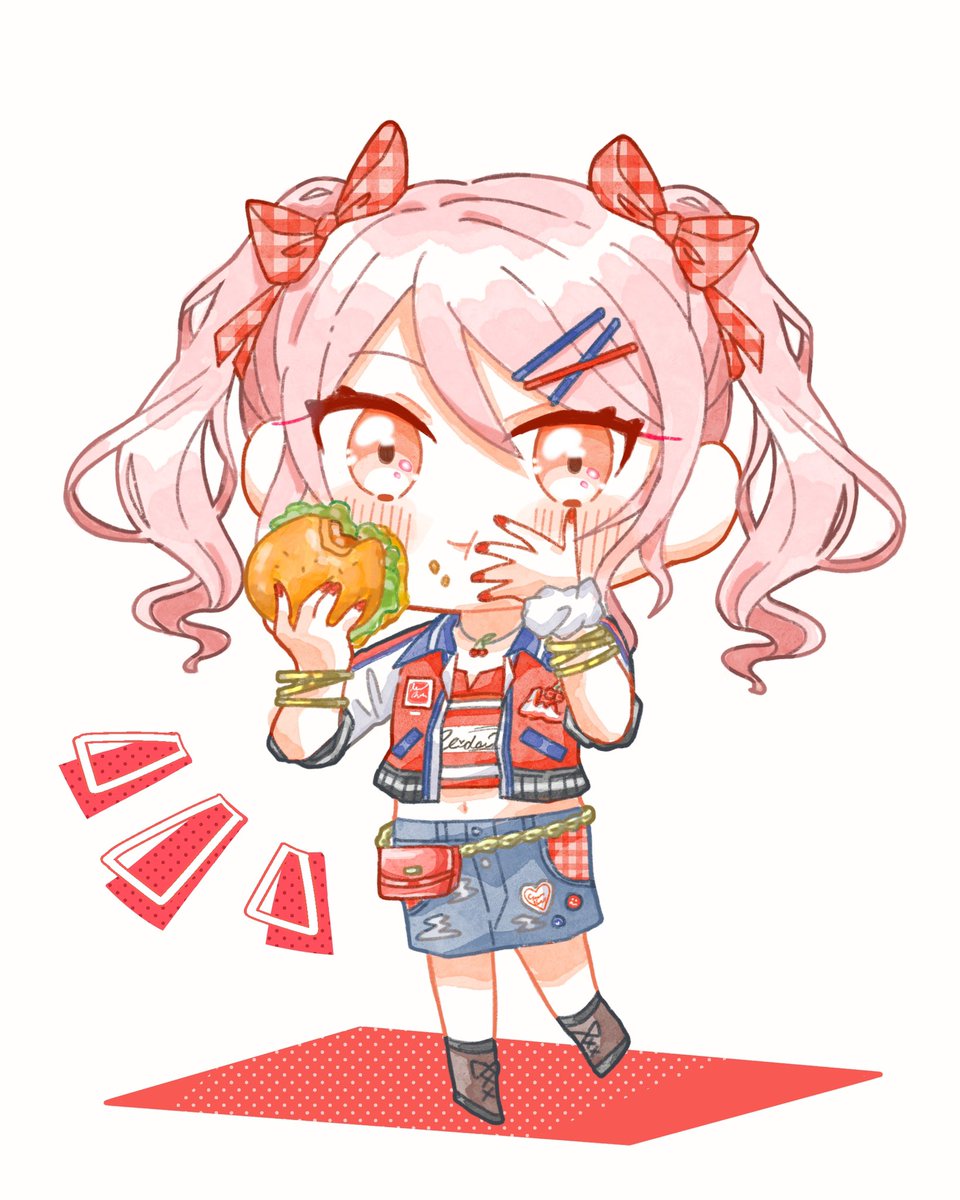 food pink hair twintails solo burger 1girl hair ornament  illustration images