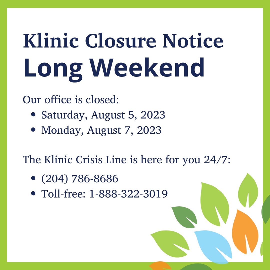 Friendly reminder: Klinic will be closed for the long weekend in recognition of Terry Fox Day. 

Stay safe, and enjoy the long weekend!